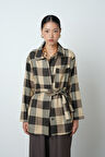 Kadın Ekose Desenli Tek Cepli Kuşaklı Tesettür Gömlek-Ceket