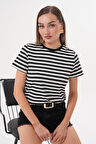 Kadın Çizgili T-shirt Bisiklet Yaka Kısa Kollu Tişört ÇİZGİLİ-TİŞÖRT