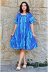 Kadın Büyük Beden Kare Yaka Kısa Kol Desenli Midi Viskon Elbise Mavi İnce Plaj Tatil Elbisesi