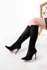 Kadın ÇİZME LS-226 Siyah Süet Fermuarlı Lastikli İnce Yüksek Topuklu Kadın Çizme