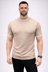 Erkek Günlük Stil Bej Fitilli Triko Dokuma Kısa Kol Yarım Boğaz Modern Yazlık Tişört