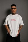 Arka Baskılı Erkek Günlük Stil – Beyaz 24/1 Penye Kumaş, Bisiklet Yaka, Ön - , Streetwear Tarzı Rahat Büyük Kalıp Tişört- Beyaz Oversize Tişört