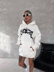 Baskılı Unisex Günlük Stil Beyaz Üç İplik Kapüşonlu Sweatshirt