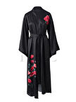 El Major Çiçek Desenli Siyah Uzun Saten Asya Kimono