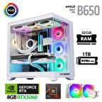 Xaser Lexus x570 Ryzen 5 7500F 32GB Ram 1TB M.2 NVMe SSD 8GB RTX5060 Sıvı Soğutmalı Beyaz Oyuncu Bilgisayarı