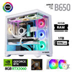 Xaser Lexus x590 Ryzen 7 7800X3D 32GB Ram 1TB M.2 NVMe SSD 8GB RTX5060 Sıvı Soğutmalı Beyaz Oyuncu Bilgisayarı