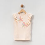 Kız Çocuk Çiçekli Fırfırlı Kısa Kollu %100 Pamuklu T-shirt