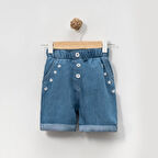 Kız Çocuk Çiçek Nakışlı Rahat Kalıp Yazlık Kot Kumaş  Şort 