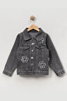 Çiçek Detaylı Kız Çocuk Kot Ceket