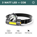 OL-108 Şarjlı Kafa Lambası Su Geçirmez Kafa Feneri 3 W + Cob Led