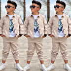 MODAVALS GABARDİN GÖMLEK KARGO CEP PANTOLON ve KAPLAN BASKILI TSHIRT 3 PARÇA ERKEK ÇOCUK TAKIM 