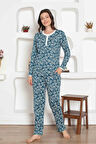 Kadın Çiçek Desen Bisiklet Yaka 3 Düğmeli %100 Pamuk Penye İnce Yazlık Uzun Kol Pijama Takımı