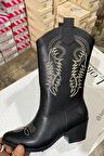 Kadın Siyah Melek Nakişli Fermuarli Western Kovboy Çizme Bot
