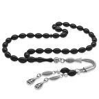Kararmaz Metal Su Damlası Püsküllü Arpa Kesim Bilek Boy Siyah Sıkma Kehribar Tesbih