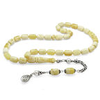 Özel Premium Kutulu 925 Ayar Gümüş Kral Püsküllü Kapsül Kesim King Seccer Sarı-Beyaz Hareli Damla Kehribar Tesbih