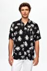 Relaxed Siyah Desenli Palmiye Desenli Kısa Kollu Yazlık Viskon Gömlek 0HC02ORT10313