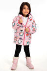 Kız Çocuk Polarlı Kapüşonlu Penguen Şeker Desenli Kışlık Şişme Mont & Kaban & Parka