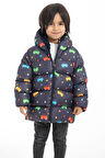 Erkek Çocuk Polarlı Kapüşonlu Araba Yıldız Ay Desenli Kışlık Şişme Mont & Kaban
