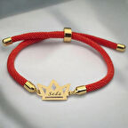 Seda İsmine Özel Turuncu İpek Örgülü Taç Motifli 14 Ayar Altın Plakalı Hediye Bileklik-501isim