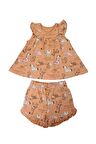 Kız Çocuk %100 Pamuk Hayvan Baskılı Fırfır Detaylı Turuncu T-shirt Şort Seti