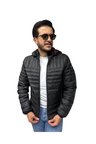 Erkek Kapitone Çizgili Desenli Kapüşonlu Slim Fit Şişme Casual Mont