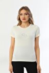 Kadın Bisiklet Yaka Taş Detaylı Kısa Kollu Tişört-Krem