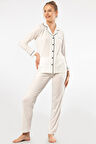 Düz Uzun Kollu Gömlek Yaka Pijama Takım 3365/Ekru 3365/Ekru