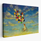 Renkli Balonlar İle Uçan Bisikletli Kız Kanvas Tablo-5036