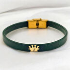 Ş Harfine Özel Taç Motifli 14 Ayar Altın Plakalı Doğal Koyu Yeşil Derili Hediye Bileklik-504harf