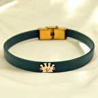 V Harfine Özel 14 Ayar Altın Plakalı Doğal Koyu Yeşil Derili Taç Motifli Hediye Bileklik-504harf