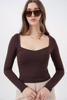 Kadın Kare Yaka Slim Fit Bluz 986 - Kahverengi