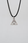 Minimal Harry Potter Ölüm Yadigarları Siyah Deri İp Kolye - Antik Gümüş Kaplama - Kadın Erkek - 60 cm