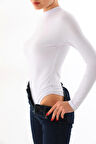 Kadın Viskon Boğazlı Kopçalı Zıbın Body-Beyaz