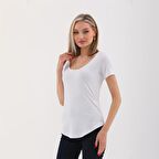 Viskon Dökümlü Dekolte Yaka Tişört-Beyaz