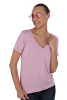 Viskon Dökümlü V Yaka Tişört-Lavanta Pembesi 