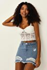 Kadın Yırtık Detaylı Mini Denim Etek