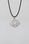 Lotus Çiçeği Siyah Deri İp Kolye - Antik Gümüş Kaplama - Kadın Erkek - 60 cm