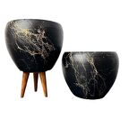 Ev Dekorasyon Siyah Üzeri Gold Mermer Efektli Toprak Saksı Saksılık Salon Çiçeklik İkili Set Ayaksız - 3 Ayaklı- 15 Cm
