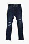 Erkek Yırtık Detay Likralı Skinny Fit Koyu Mavi Jean Pantolon