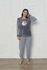 Fwn 3011 Peluş Welsoft Polar Kışlık Kadın Ev Kedi İşlemli Pijama Takımı