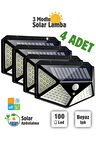 4'lü Paket 100 Led Güneş Enerjili Hareket Sensörlü 4 Taraflı Aplik Bahçe Bahçe Aydınlatma Lambası