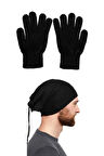 Termal Unisex Siyah Yün Eldiven Polar Bere Boyunluk Set