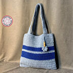 Uretti - Emine 9106 - El Örgüsü Çiçek Motifli Mavi Kol Çantası