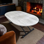 Oval Ortadan Açılır Akıllı Masa Üst Mdf Lizbon Alt Ayak Siyah Renk