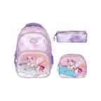 Relaxion Kabartmalı Unicorn Figürlü Pullu 3'Lü İlkokul Çantası Beslenme Kalemlik Seti 1370