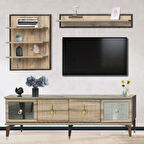 Tuna Duvar Ünitesi Atlantik Çam Cam Kapaklı Altın Kulplu TV Sehpası Takımı 160 cm + 2 Raflı Ünite