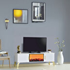 Rüya Dekoratif Şömineli Tv Sehpası Beyaz Gold Kulplu 2 Kapaklı Alev Efektli 150x50x36 Cm