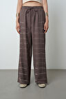 Kadın Yatay Şerit Taş İşlemeli Düz Renk Beli Lastikli Bol Paça Pantolon