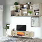 Maya Şömineli Tv Sehpası Cappuccino Gümüş Mebran Kapaklı 2 Kapaklı 180x40x50 Cm