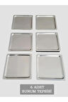 6'lı Paslanmaz Çelik Kare Tepsi -  Gümüş Kahve Çay Dekoratif Servis Sunum Tepsisi Sunumluk